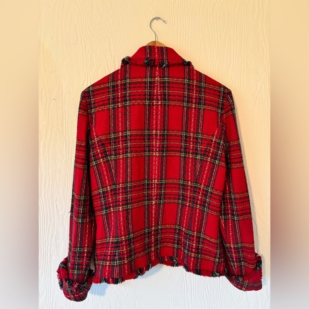 Vintage Red Tweed Plaid Knit Woven Raw Hem Fringe Blazer Jacket Gold Buttons - Picture 10 of 12
